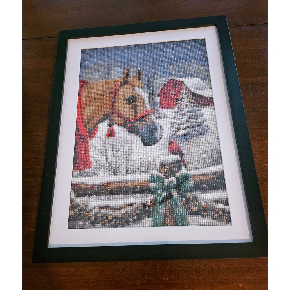 Handmade Diamond Painting Wall Art Multicolor Winter Horse Barn Framed - Picture 4 of 6